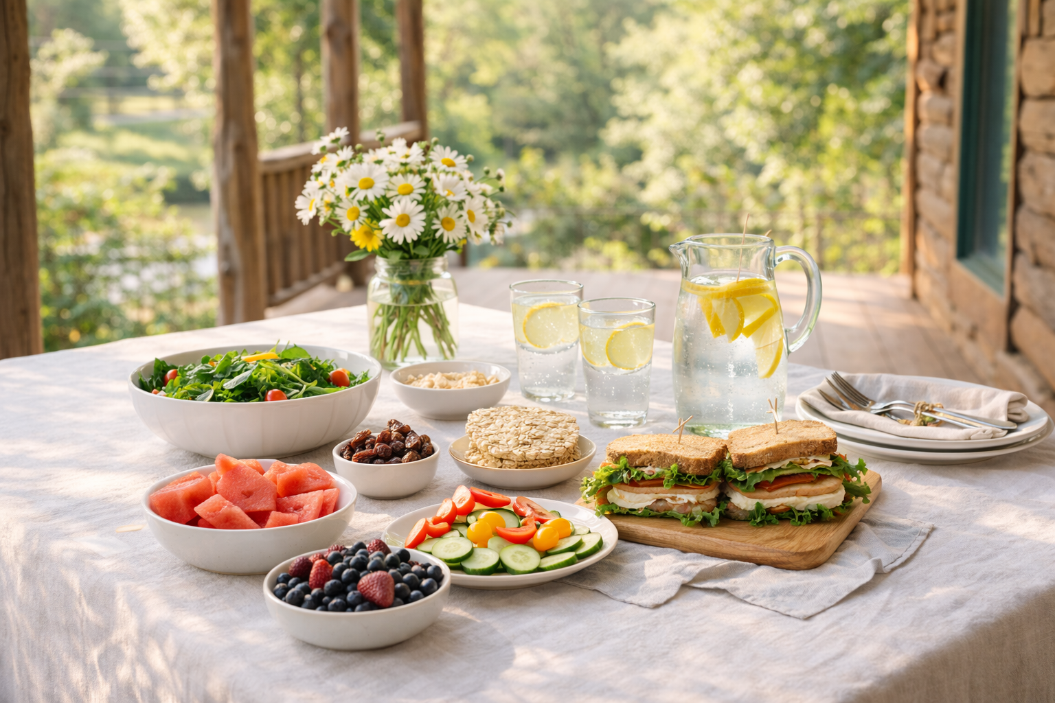 Mesa con desayuno saludable en exterior, estilo wellness natural