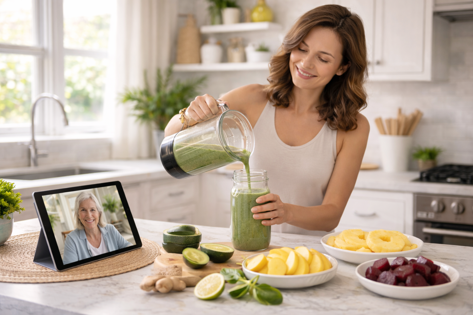 Mujer en cocina luminosa preparando alimentos saludables